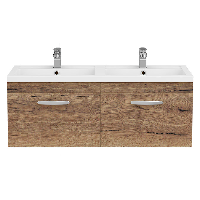 Brooklyn 1205mm Brown Oak Wall Hung Vanity Unit – Double Basin, 2 Soft-Close Drawers