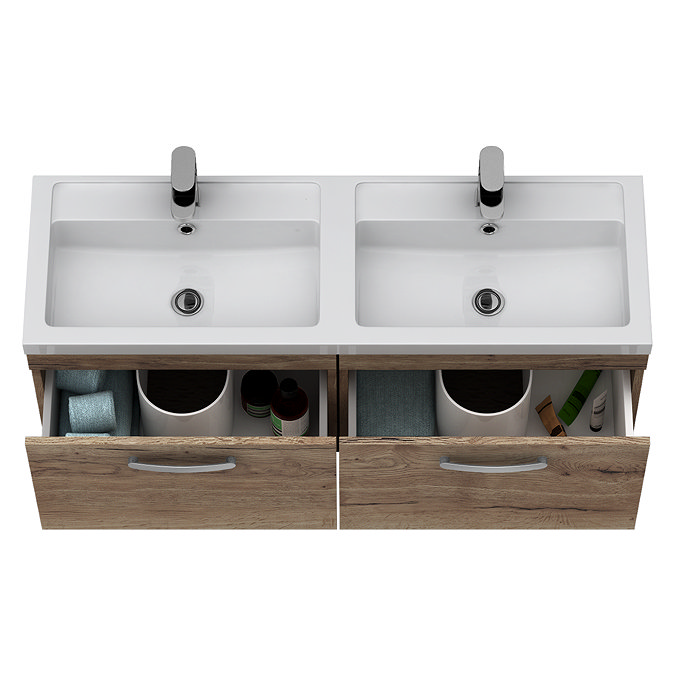 Brooklyn 1205mm Brown Oak Wall Hung Vanity Unit – Double Basin, 2 Soft-Close Drawers
