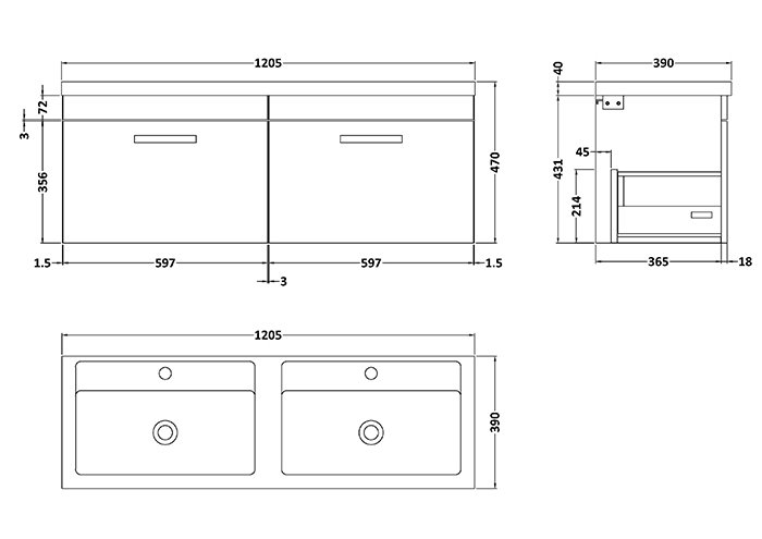 Brooklyn 1205mm Brown Oak Wall Hung Vanity Unit – Double Basin, 2 Soft-Close Drawers