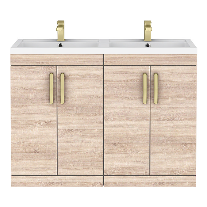 Brooklyn 1205mm Natural Oak Double Vanity Unit – Brushed Brass Handles, 4 Door