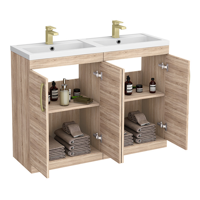 Brooklyn 1205mm Natural Oak Double Vanity Unit – Brushed Brass Handles, 4 Door