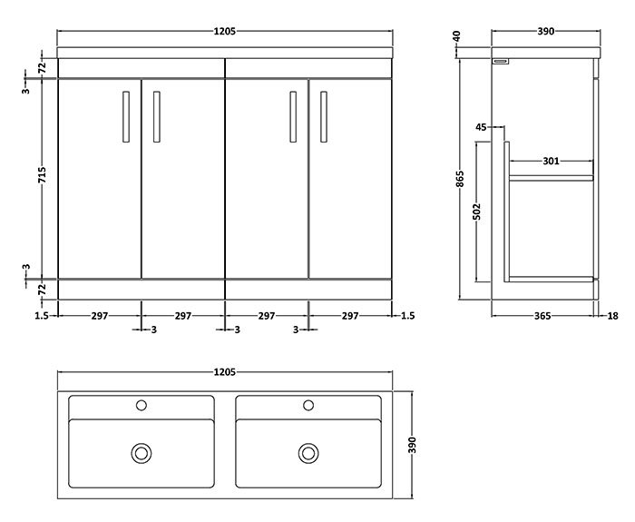 Brooklyn 1205mm Natural Oak Double Vanity Unit – Brushed Brass Handles, 4 Door