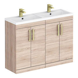 Brooklyn 1205mm Natural Oak Double Vanity Unit – Brushed Brass Handles, 4 Door