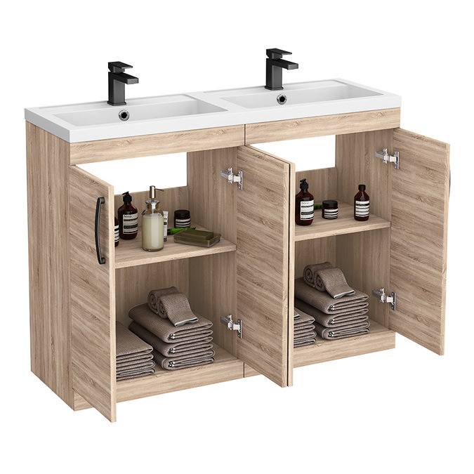 Brooklyn 1205mm Natural Oak Double Vanity Unit – Matt Black Handles, 4 Door