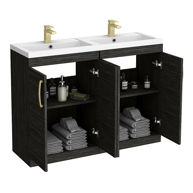 Brooklyn 1205mm Black Double Vanity Unit – Brushed Brass Handles, 4 Door