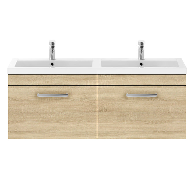 Brooklyn 1205mm Natural Oak Wall Hung 2 Drawer Double Basin Vanity Unit In Bathroom Large Image
