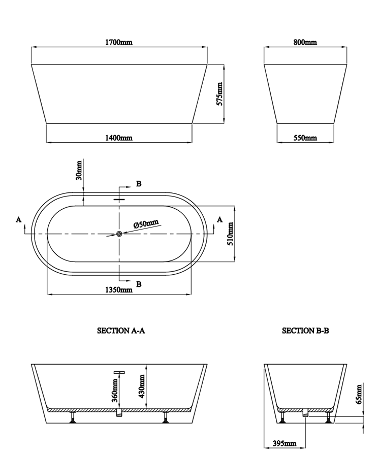 Brooklyn 1700 x 800 Freestanding Bath - Crocodile Effect Finish