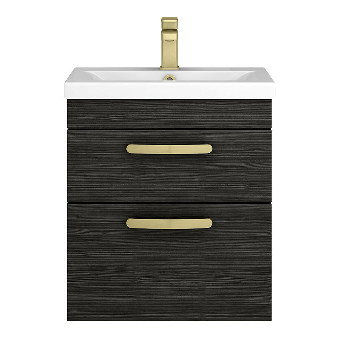 Brooklyn 500mm Black Wall Hung Vanity Unit - 2 Drawer with Brushed Brass Handles