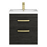 Brooklyn 500mm Black Wall Hung Vanity Unit - 2 Drawer with Brushed Brass Handles
