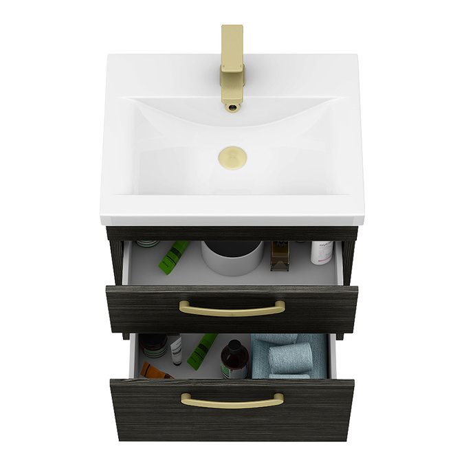 Brooklyn 500mm Black Wall Hung Vanity Unit - 2 Drawer with Brushed Brass Handles