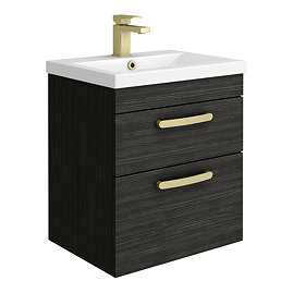 Brooklyn 500mm Black Wall Hung Vanity Unit - 2 Drawer with Brushed Brass Handles