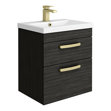 Brooklyn 500mm Black Wall Hung Vanity Unit - 2 Drawer with Brushed Brass Handles