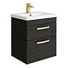 Brooklyn 500mm Black Wall Hung Vanity Unit - 2 Drawer with Brushed Brass Handles