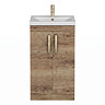 Brooklyn 500mm Brown Oak Vanity Unit with Brushed Brass Handles