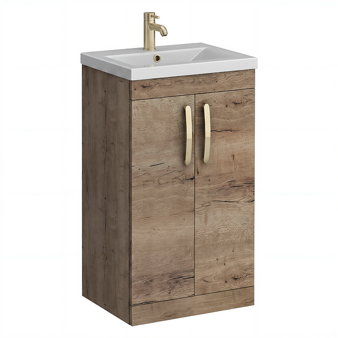 Brooklyn 500mm Brown Oak Vanity Unit with Brushed Brass Handles