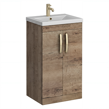 Brooklyn 500mm Brown Oak Vanity Unit with Brushed Brass Handles