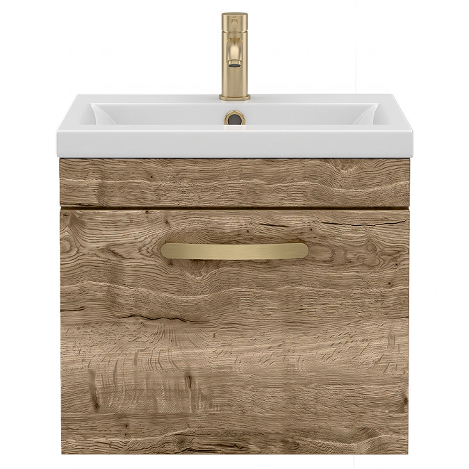 Brooklyn 500mm Brown Oak Wall Hung Vanity Unit - Single Drawer with Brushed Brass Handle