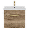 Brooklyn 500mm Brown Oak Wall Hung Vanity Unit - Single Drawer with Brushed Brass Handle
