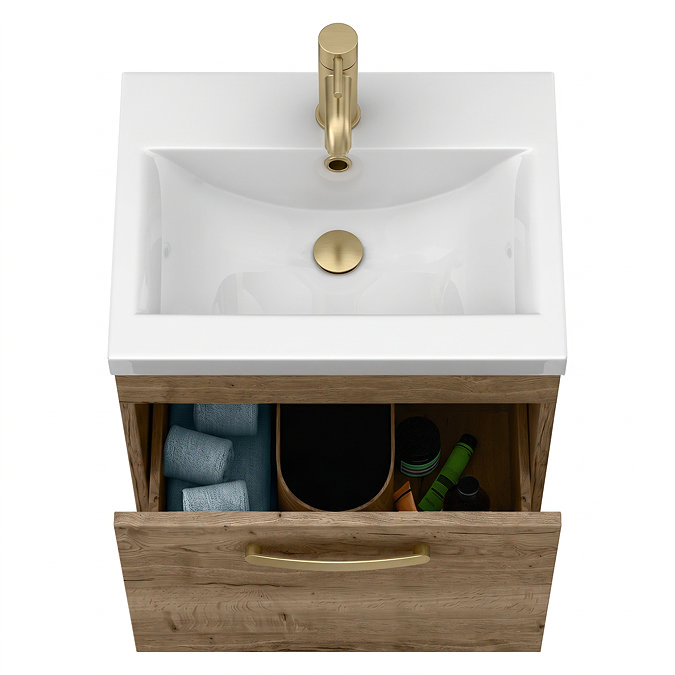 Brooklyn 500mm Brown Oak Wall Hung Vanity Unit - Single Drawer with Brushed Brass Handle