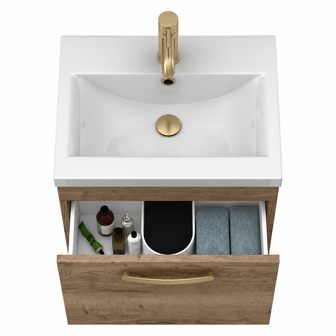Brooklyn 500mm Brown Oak Wall Hung Vanity Unit - Single Drawer with Brushed Brass Handle