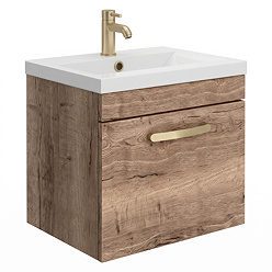 Brooklyn 500mm Brown Oak Wall Hung Vanity Unit - Single Drawer with Brushed Brass Handle