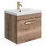 Brooklyn 500mm Brown Oak Wall Hung Vanity Unit - Single Drawer with Brushed Brass Handle