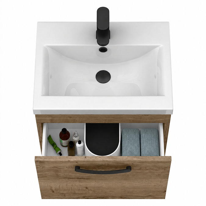 Brooklyn 500mm Brown Oak Wall Hung Vanity Unit - Single Drawer With Matt Black Handle