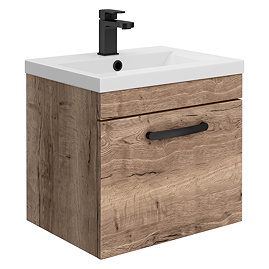 Brooklyn 500mm Brown Oak Wall Hung Vanity Unit - Single Drawer With Matt Black Handle