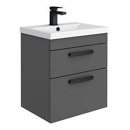 Brooklyn 500mm Gloss Grey Wall Hung Vanity Unit - 2 Drawer with Matt Black Handles