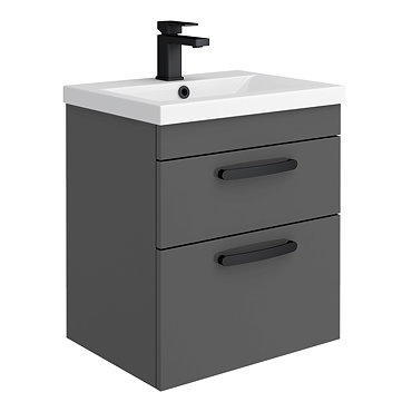 Brooklyn 500mm Gloss Grey Wall Hung Vanity Unit - 2 Drawer with Matt Black Handles
