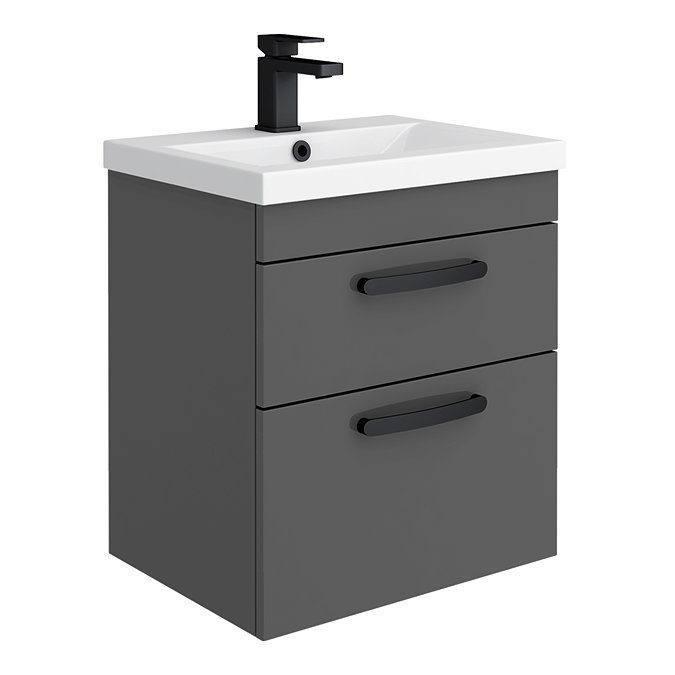 Brooklyn 500mm Gloss Grey Wall Hung Vanity Unit - 2 Drawer with Matt Black Handles