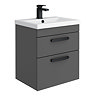 Brooklyn 500mm Gloss Grey Wall Hung Vanity Unit - 2 Drawer with Matt Black Handles