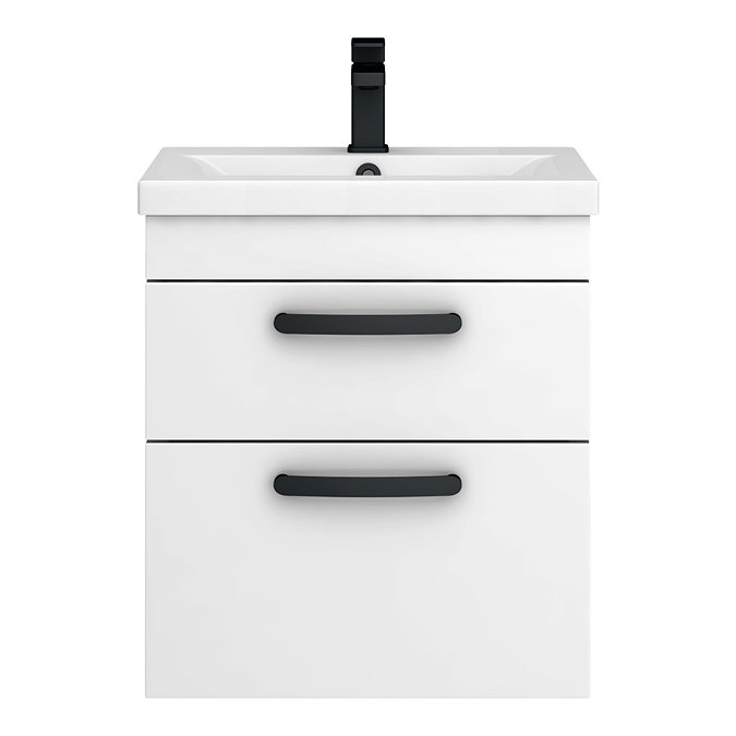 Brooklyn 500mm White Gloss Wall Hung Vanity Unit - 2 Drawer with Matt Black Handles