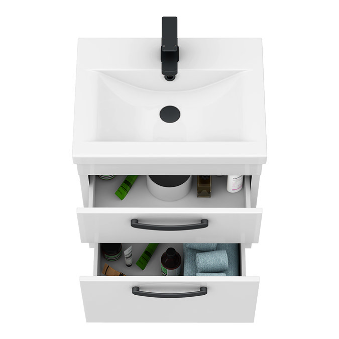 Brooklyn 500mm White Gloss Wall Hung Vanity Unit - 2 Drawer with Matt Black Handles