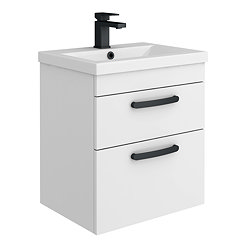 Brooklyn 500mm White Gloss Wall Hung Vanity Unit - 2 Drawer with Matt Black Handles