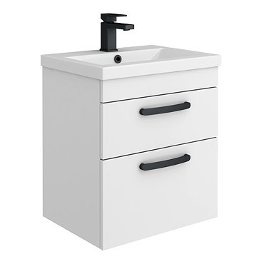 Brooklyn 500mm White Gloss Wall Hung Vanity Unit - 2 Drawer with Matt Black Handles