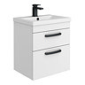 Brooklyn 500mm White Gloss Wall Hung Vanity Unit - 2 Drawer with Matt Black Handles