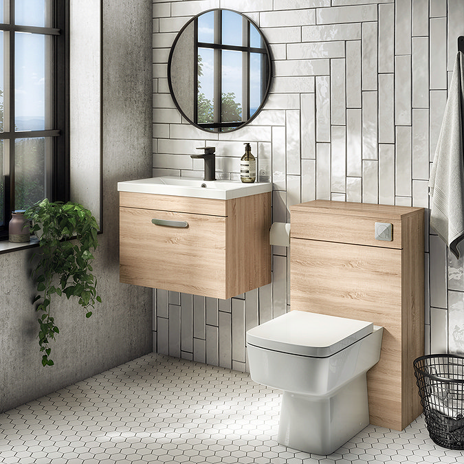 Brooklyn 500 Natural Oak Wall Hung 1-Drawer Vanity Unit with Thin-Edge Basin In Bathroom Large Image