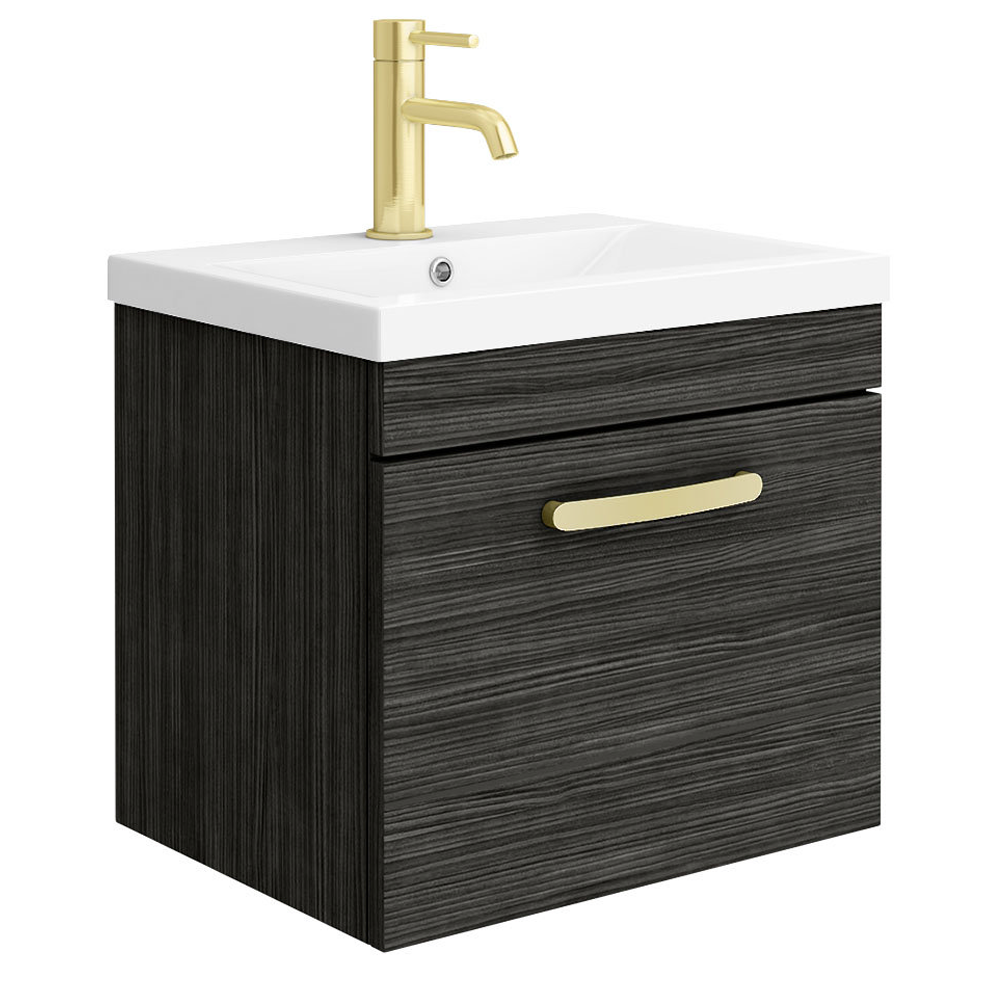 Brooklyn 500mm Black Wall Hung 1-Drawer Vanity Unit with Brushed Brass ...
