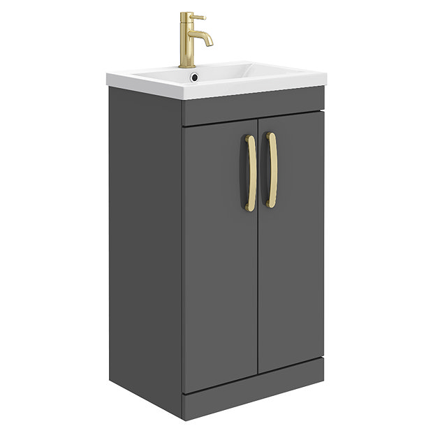 Brooklyn 500mm Gloss Grey Vanity Unit with Brushed Brass Handles Large Image