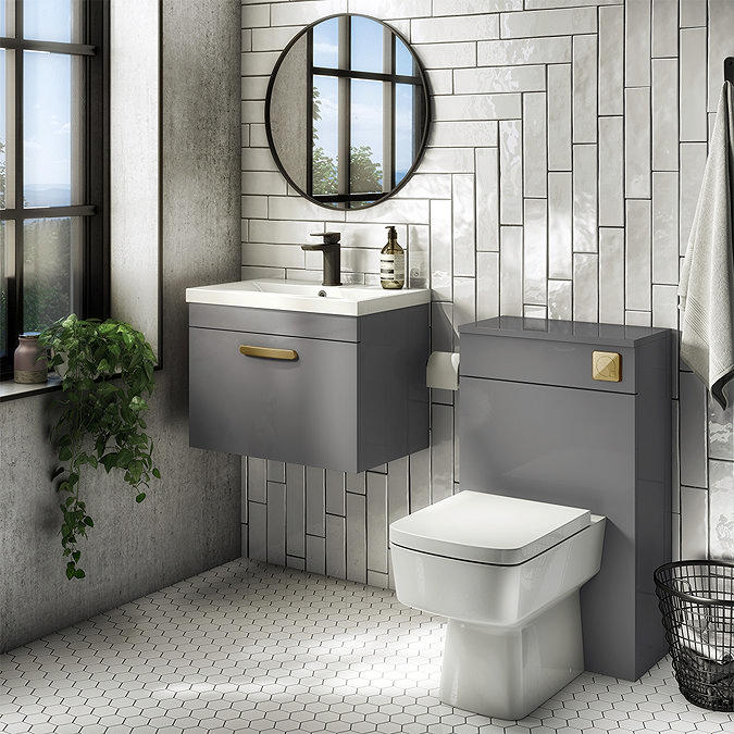 Brooklyn 500mm Gloss Grey Wall Hung 1-Drawer Vanity Unit with Brushed Brass Handle Standard Large Image