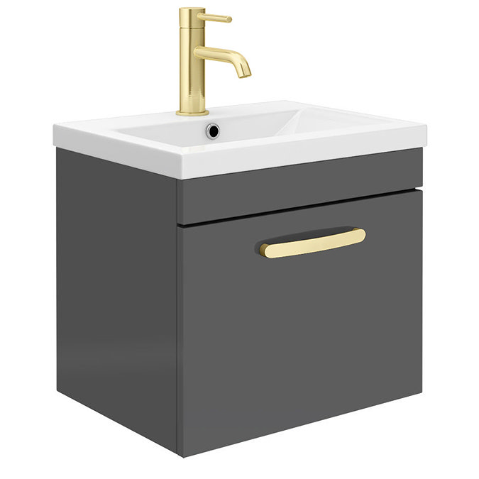 Brooklyn 500mm Gloss Grey Wall Hung Vanity Unit - Single Drawer With Brushed Brass Handle