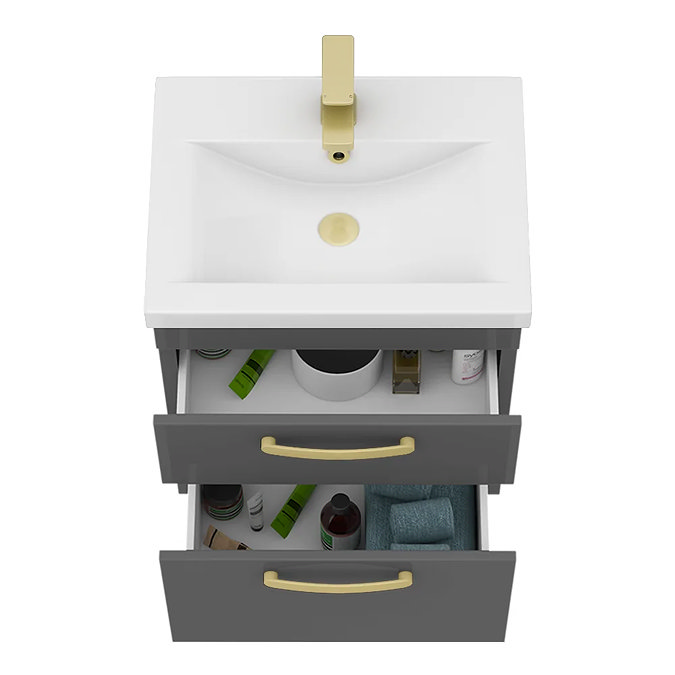 Brooklyn 500mm Gloss Grey Wall Hung Vanity Unit - 2 Drawer with Brushed Brass Handles