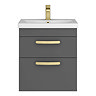 Brooklyn 500mm Gloss Grey Wall Hung Vanity Unit - 2 Drawer with Brushed Brass Handles