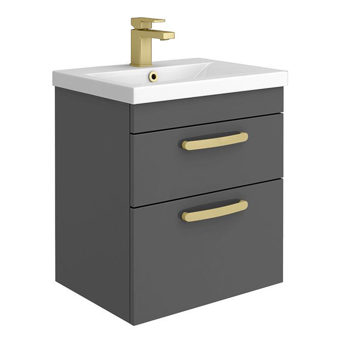 Brooklyn 500mm Gloss Grey Wall Hung Vanity Unit - 2 Drawer with Brushed Brass Handles