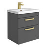 Brooklyn 500mm Gloss Grey Wall Hung Vanity Unit - 2 Drawer with Brushed Brass Handles