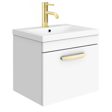 Brooklyn 500mm Gloss White Wall Hung 1-Drawer Vanity Unit with Brushed Brass Handle
