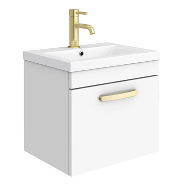 Brooklyn 500mm Gloss White Wall Hung 1-Drawer Vanity Unit with Brushed Brass Handle  Profile Large I
