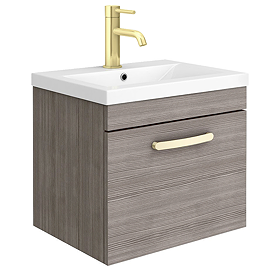 Brooklyn 500mm Grey Avola Wall Hung Vanity Unit - Single Drawer with Brushed Brass Handle
