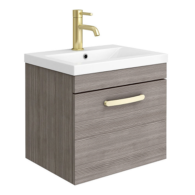 Brooklyn 500mm Grey Avola Wall Hung 1-Drawer Vanity Unit with Brushed Brass Handle Large Image